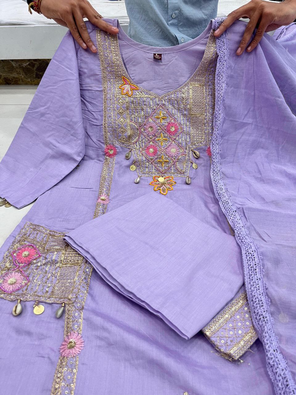 Premium Hand Work Kurti Pant Dupatta Set in Pure Banana Silk