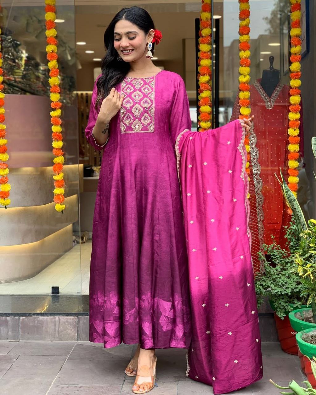 Pink Muslin Anarkali Kurti Pant Dupatta Set with Golden Zari Work | Flared Festive Wear Suit for Women