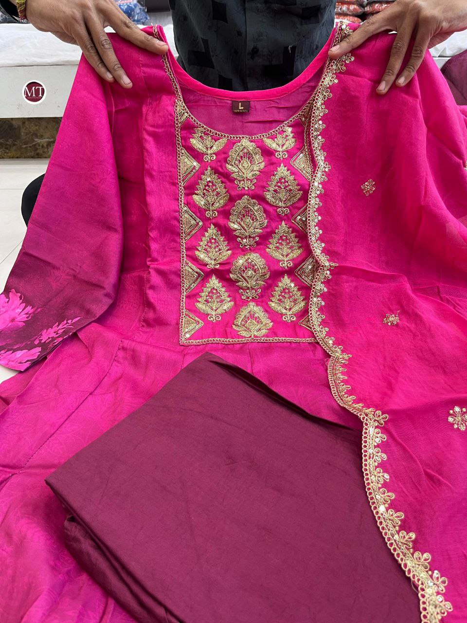Pink Muslin Anarkali Kurti Pant Dupatta Set with Golden Zari Work | Flared Festive Wear Suit for Women