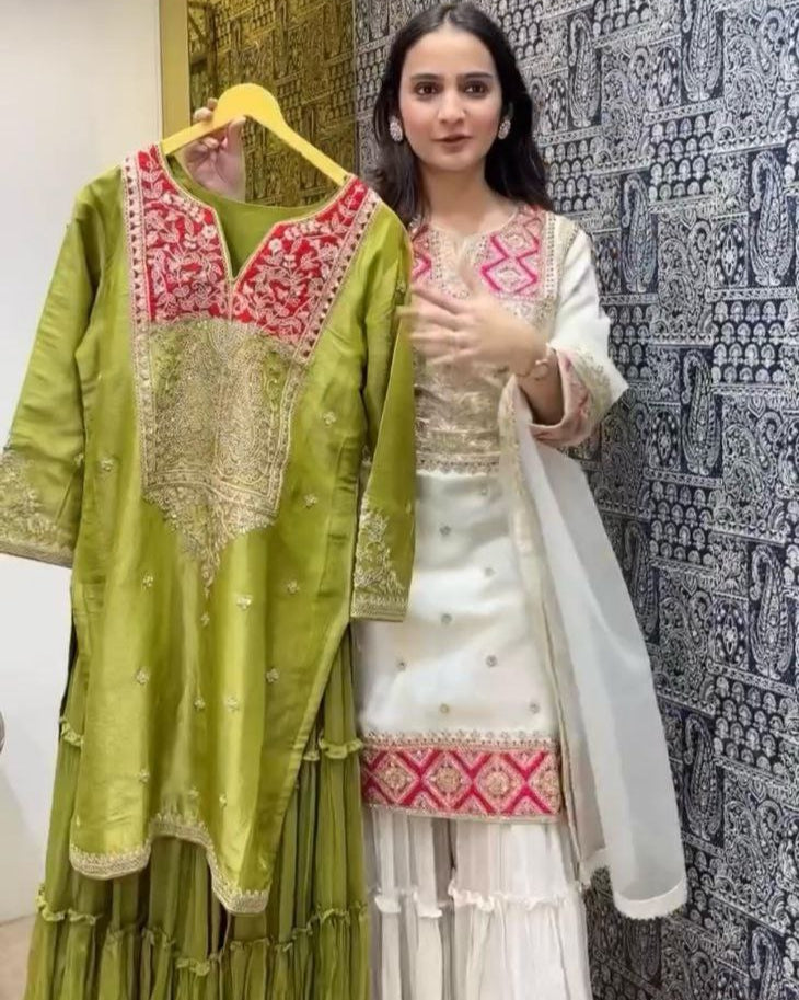 Premium Designer Pur Vichitra Silk Top, Sarara Plazzo & Dupatta Party Wear Set