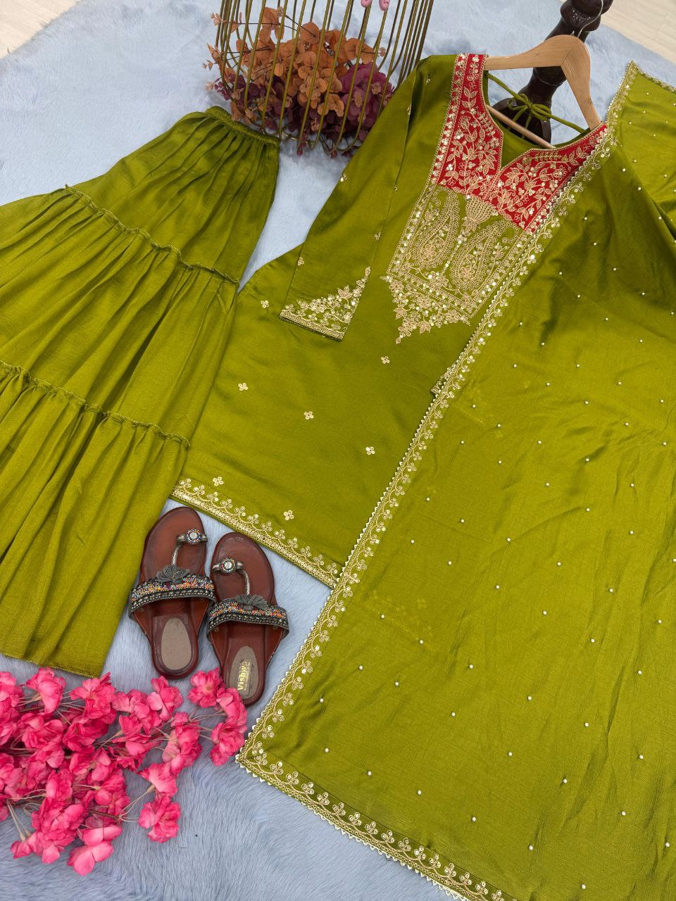 Premium Designer Pur Vichitra Silk Top, Sarara Plazzo & Dupatta Party Wear Set