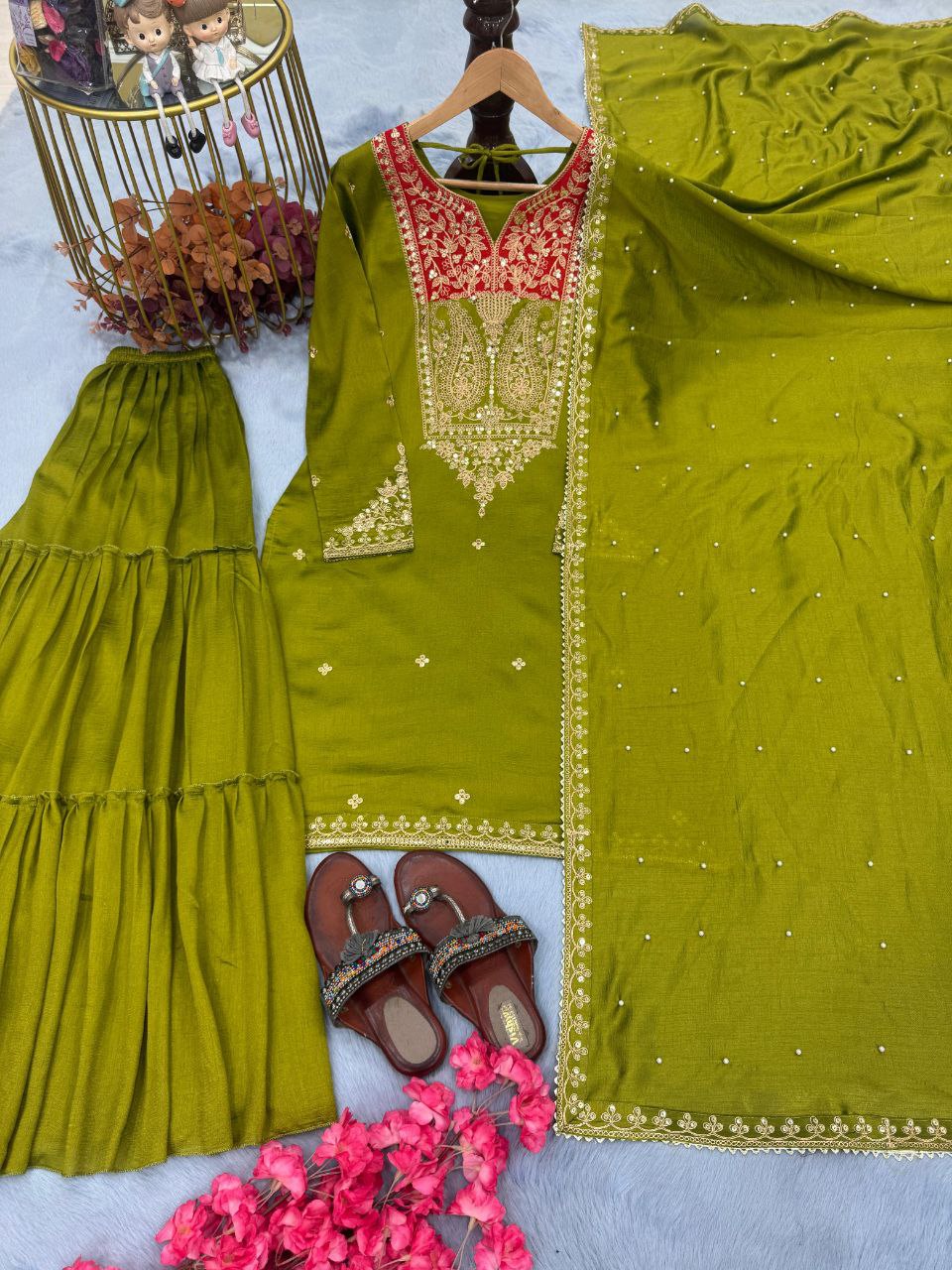 Premium Designer Pur Vichitra Silk Top, Sarara Plazzo & Dupatta Party Wear Set