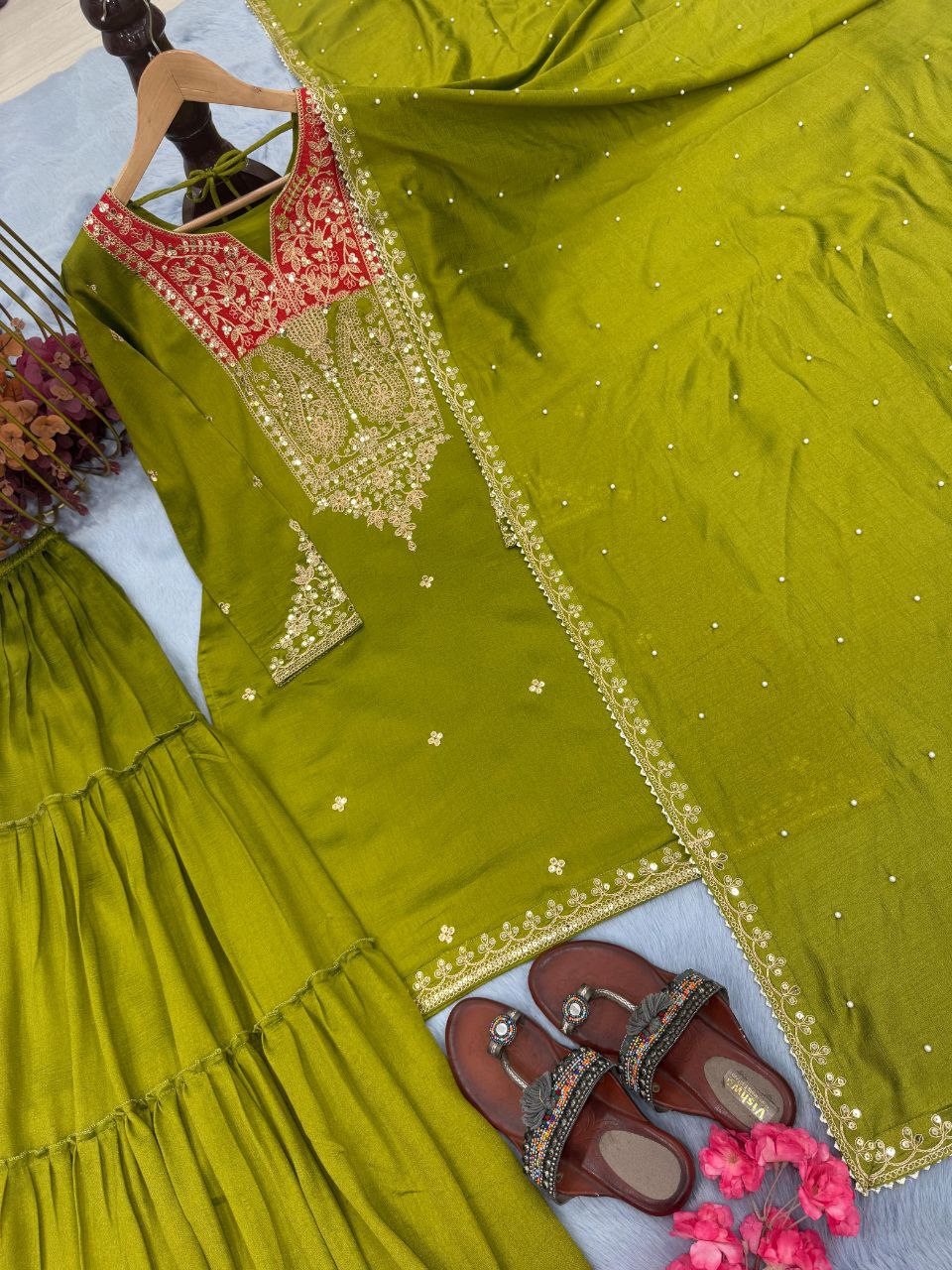 Premium Designer Pur Vichitra Silk Top, Sarara Plazzo & Dupatta Party Wear Set