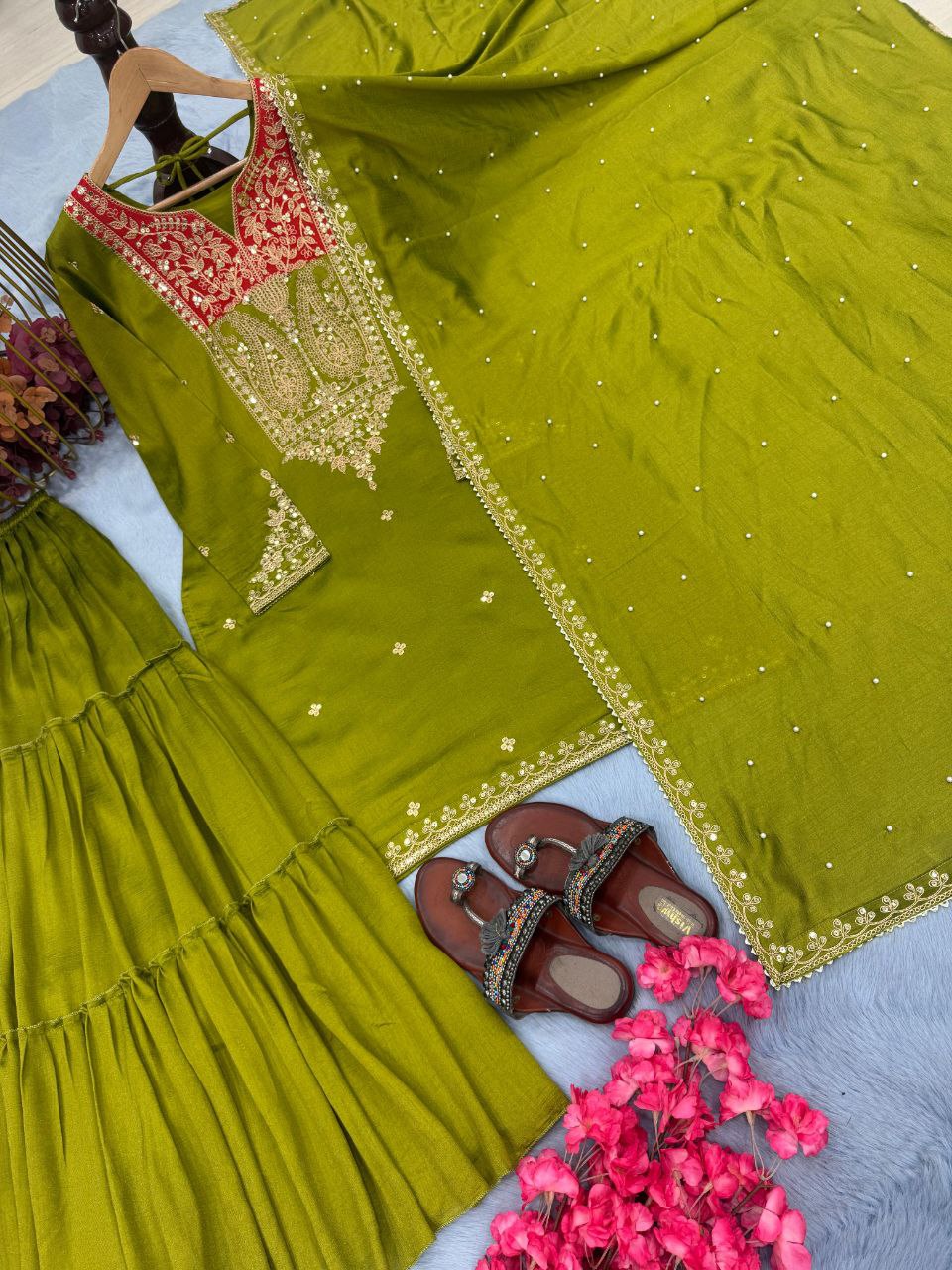 Premium Designer Pur Vichitra Silk Top, Sarara Plazzo & Dupatta Party Wear Set