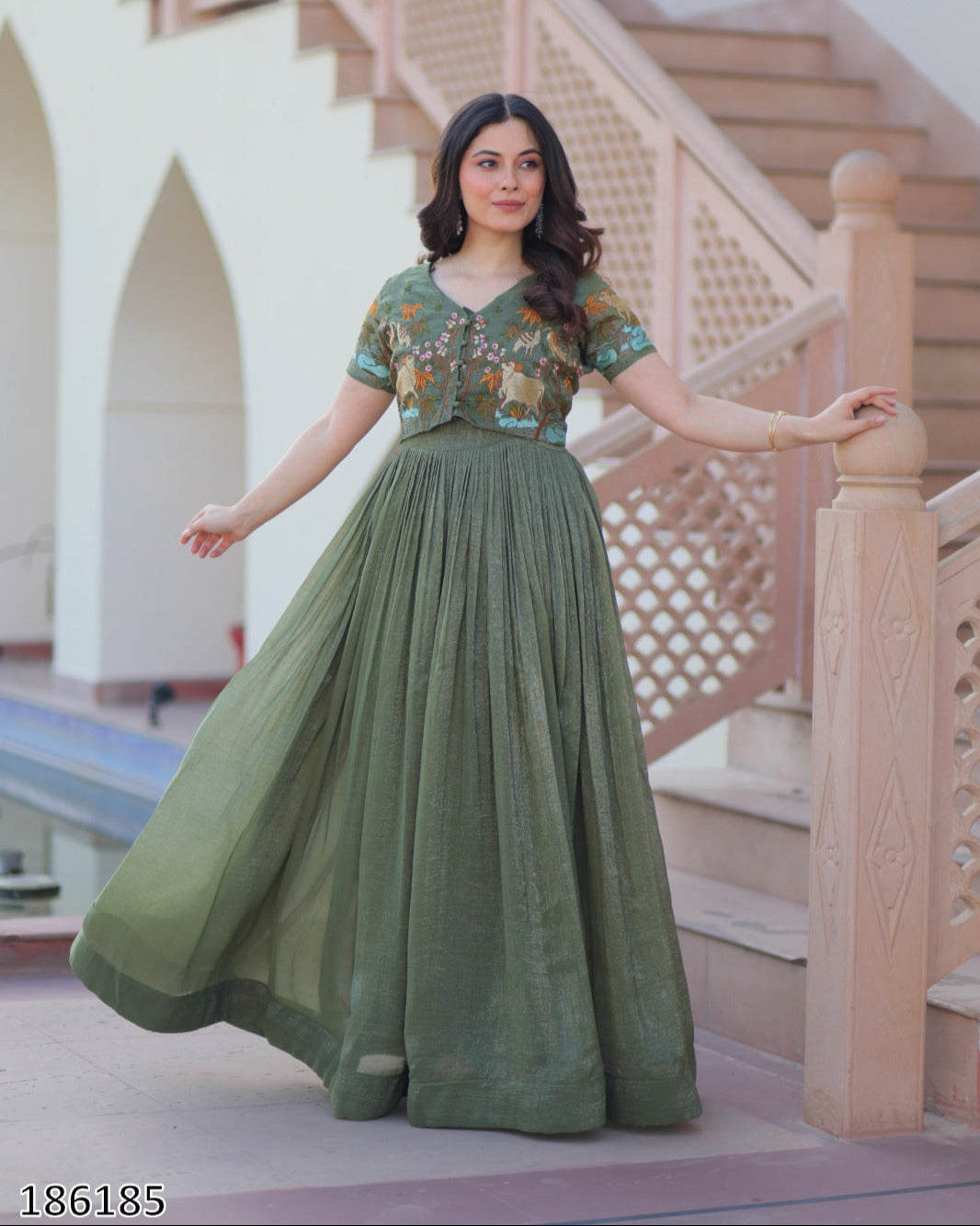 Pink & Green Premium Designer Silver Crunchy Fabric Koti-Gown with Embroidery