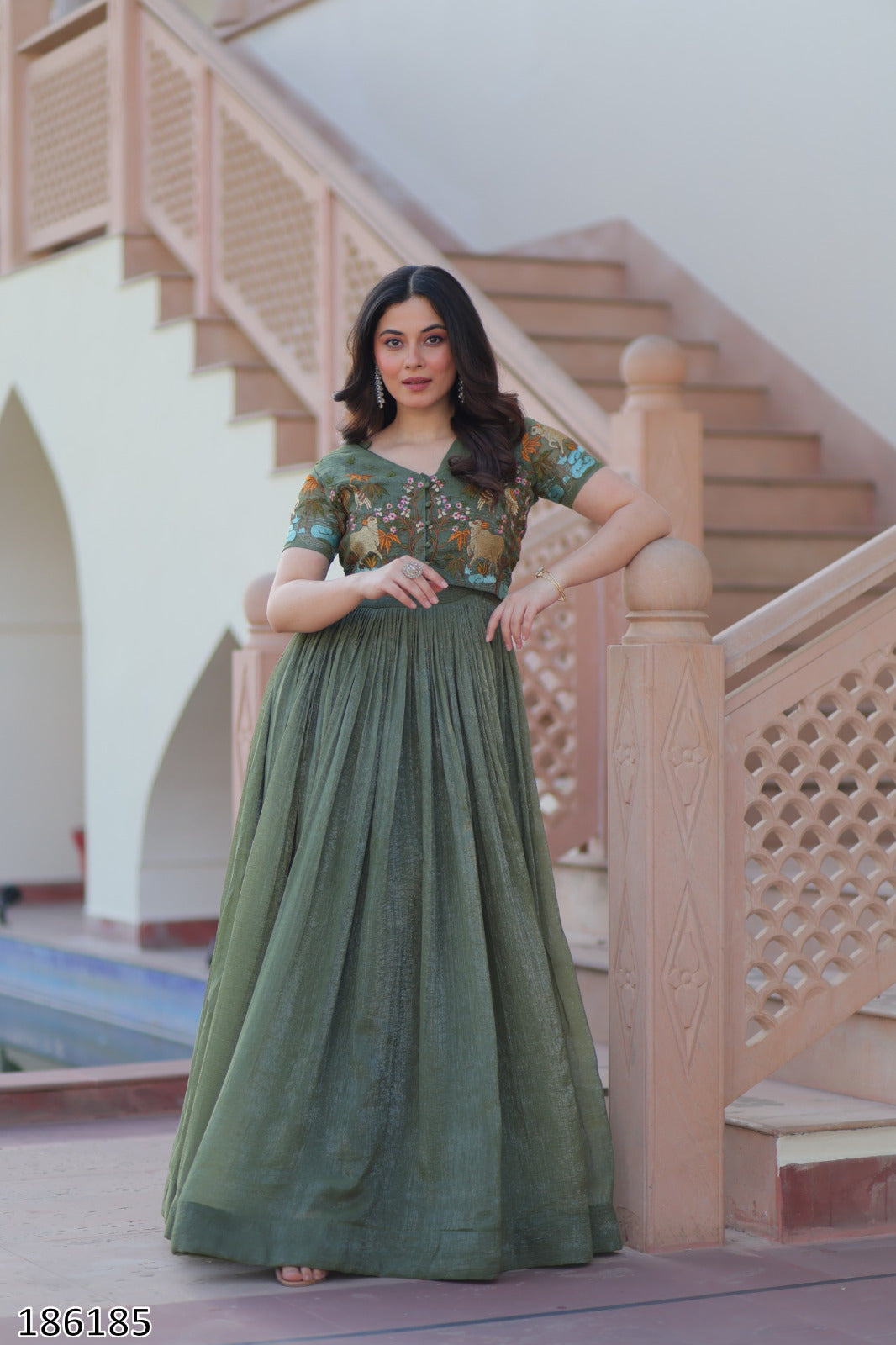 Pink & Green Premium Designer Silver Crunchy Fabric Koti-Gown with Embroidery