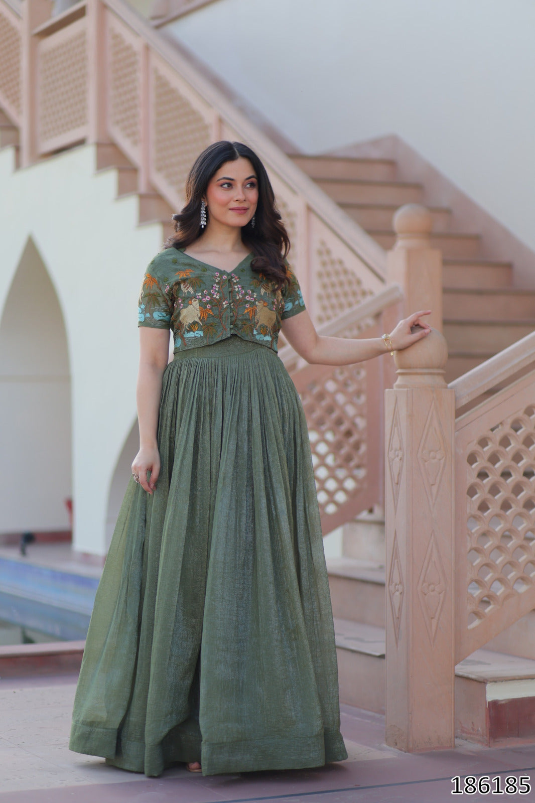 Pink & Green Premium Designer Silver Crunchy Fabric Koti-Gown with Embroidery