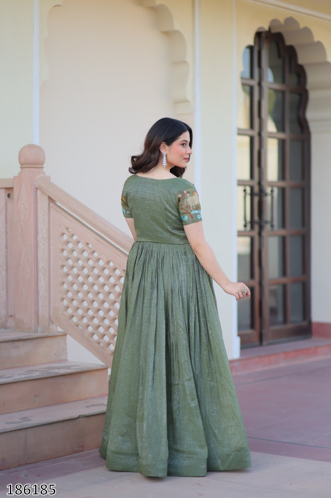 Pink & Green Premium Designer Silver Crunchy Fabric Koti-Gown with Embroidery