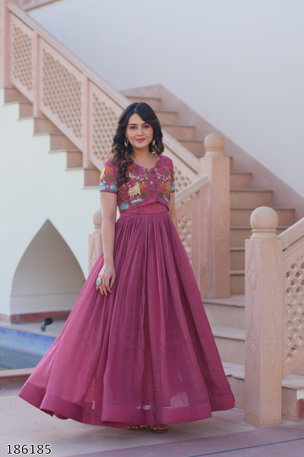Pink & Green Premium Designer Silver Crunchy Fabric Koti-Gown with Embroidery