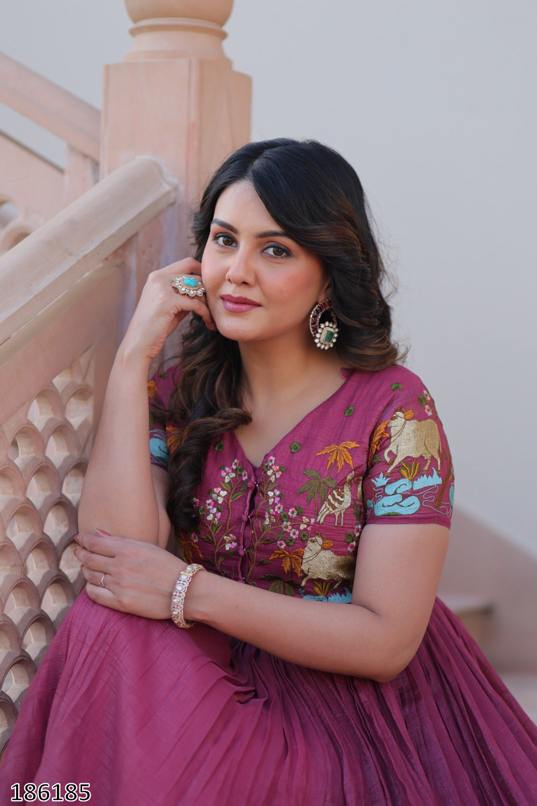 Pink & Green Premium Designer Silver Crunchy Fabric Koti-Gown with Embroidery