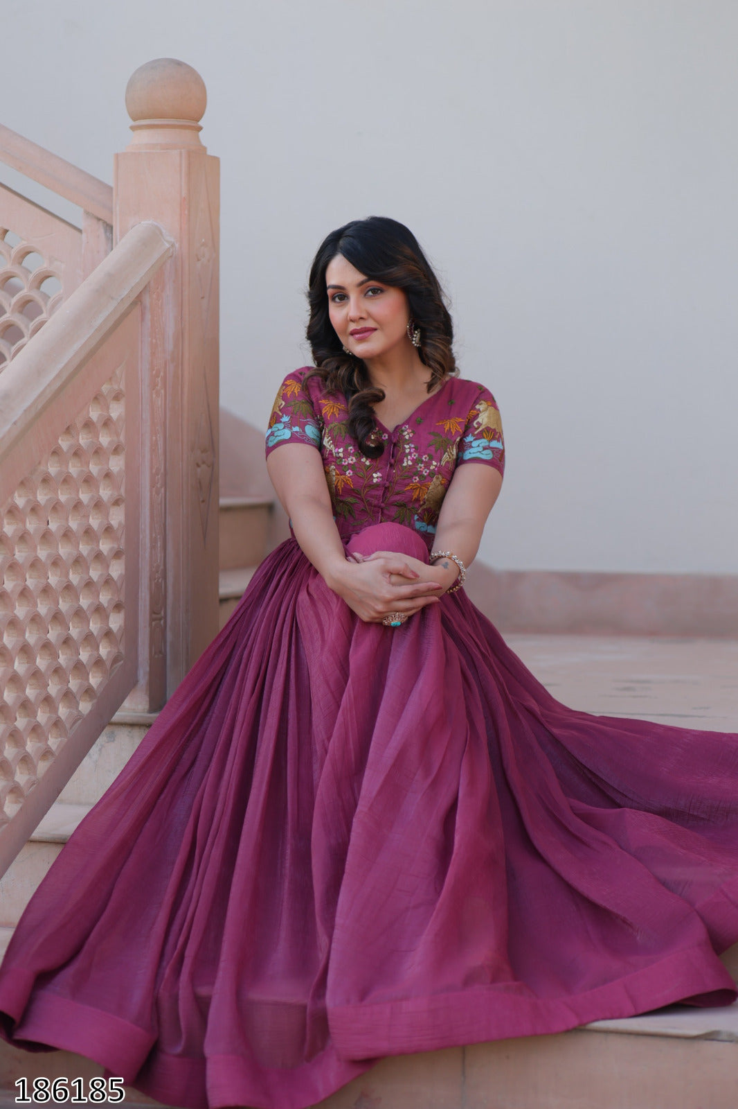 Pink & Green Premium Designer Silver Crunchy Fabric Koti-Gown with Embroidery