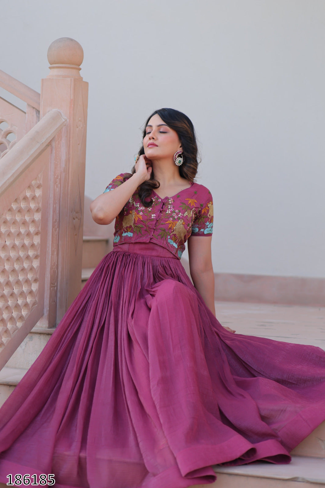 Pink & Green Premium Designer Silver Crunchy Fabric Koti-Gown with Embroidery