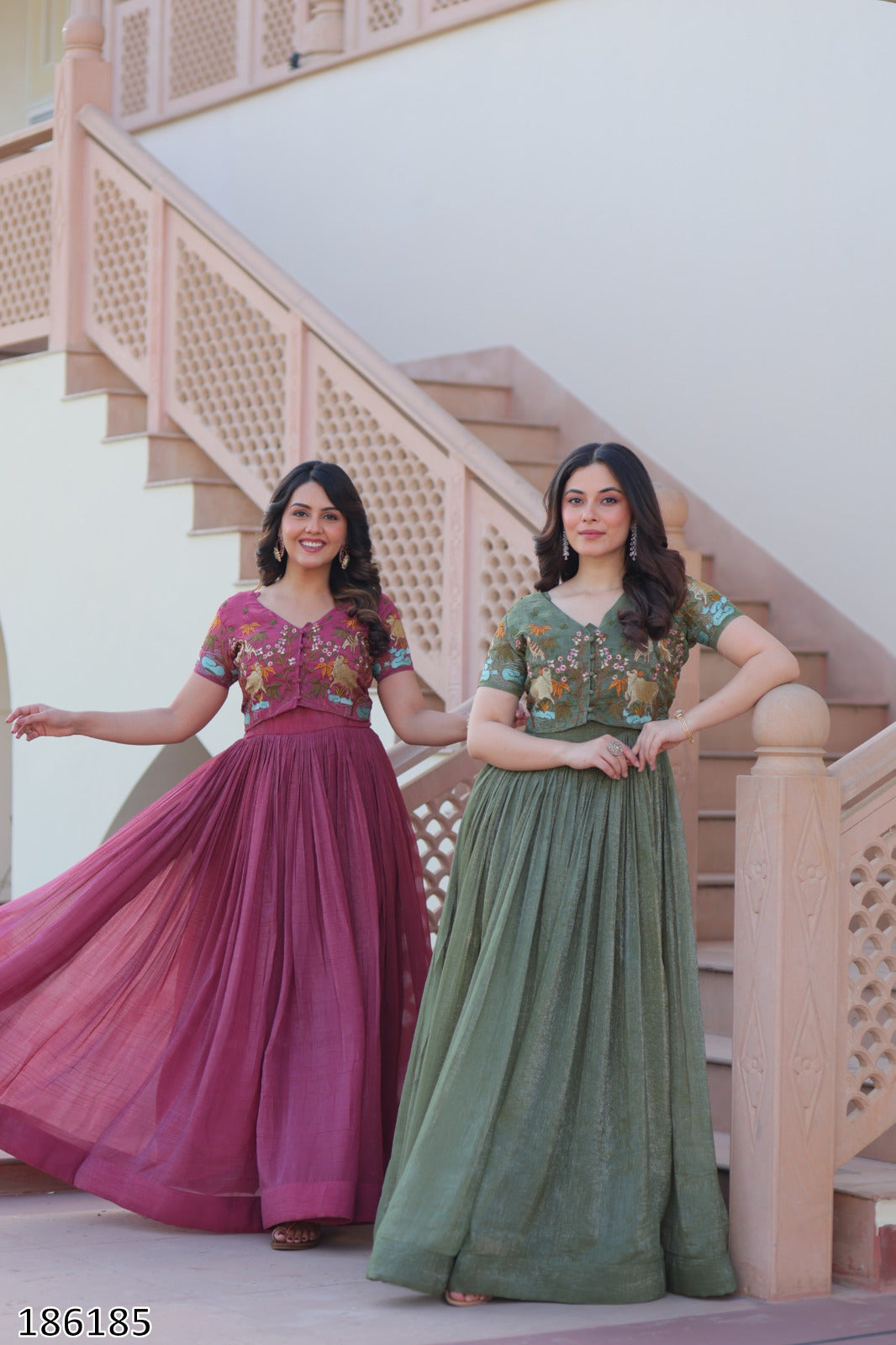 Pink & Green Premium Designer Silver Crunchy Fabric Koti-Gown with Embroidery