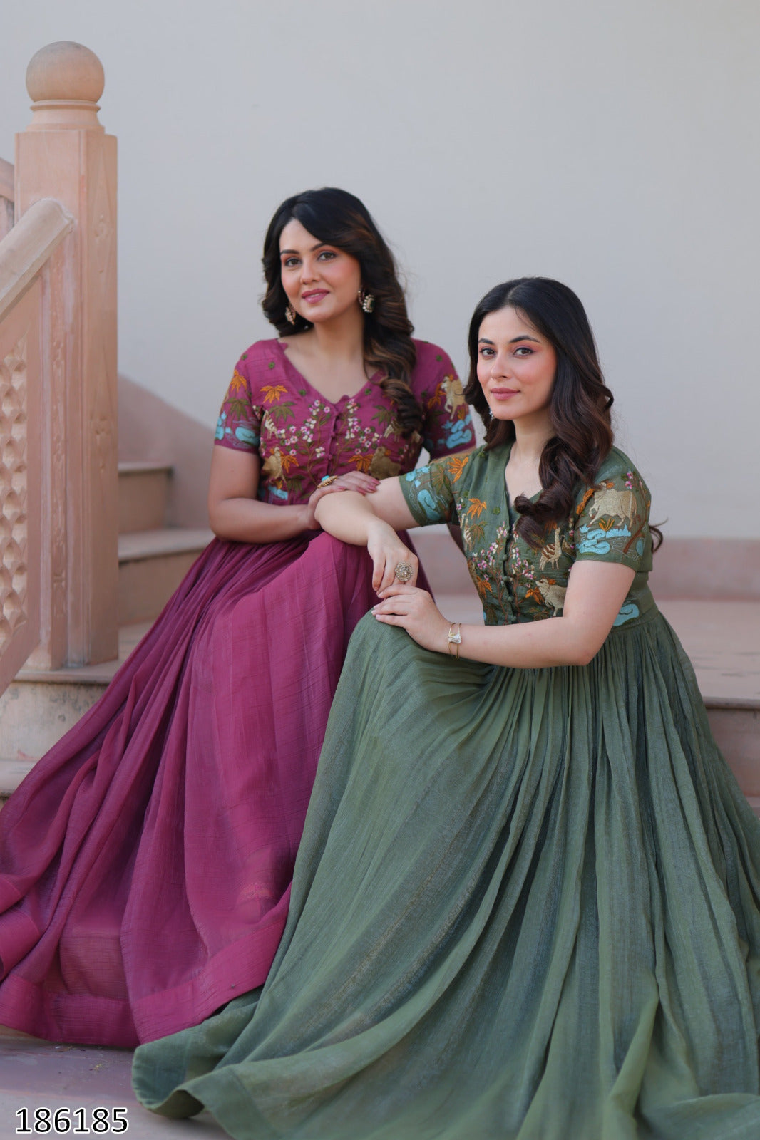 Pink & Green Premium Designer Silver Crunchy Fabric Koti-Gown with Embroidery