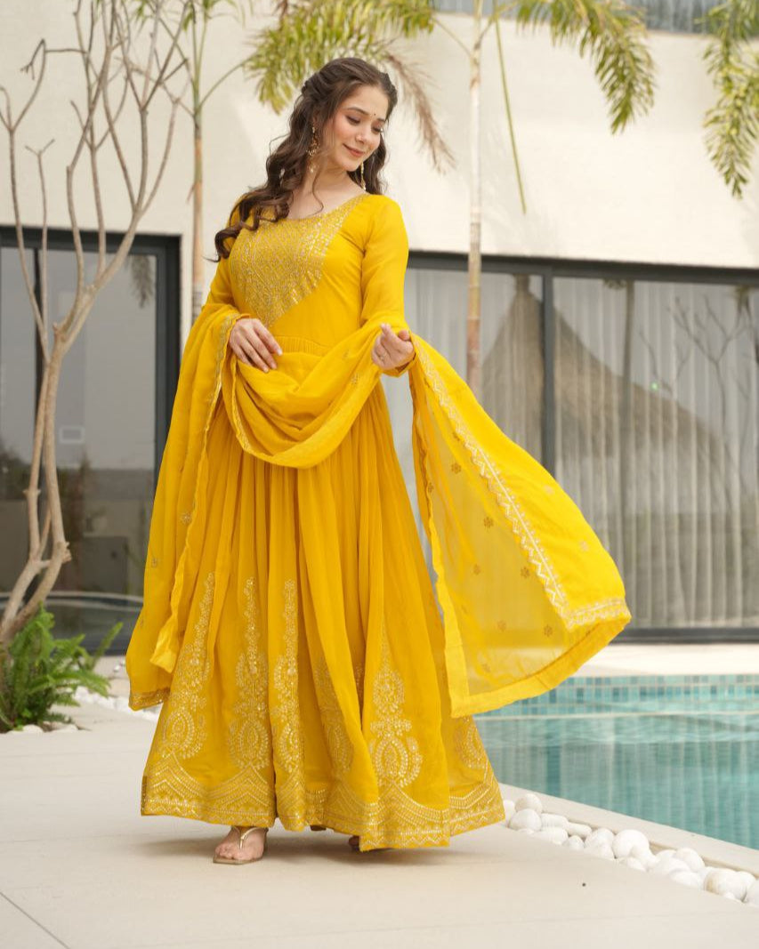 Premium Embroidered Faux Blooming Gown with Dupatta | Full Stitched Zari Sequin Work