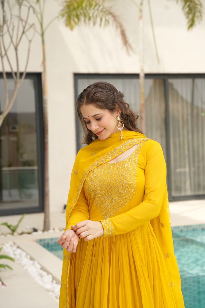 Premium Embroidered Faux Blooming Gown with Dupatta | Full Stitched Zari Sequin Work