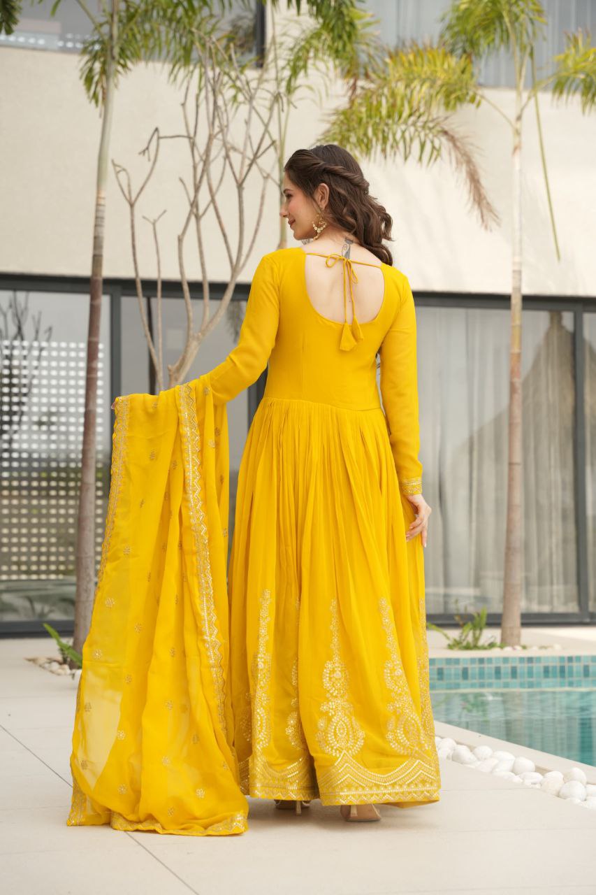 Premium Embroidered Faux Blooming Gown with Dupatta | Full Stitched Zari Sequin Work