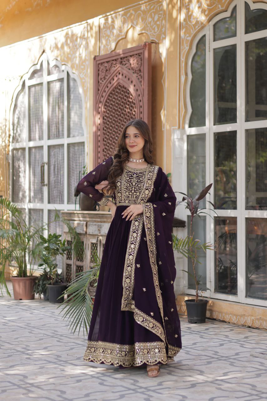 Premium Faux Blooming Designer Gown with Dupatta – Embroidered Zari Sequins, Full Sleeves