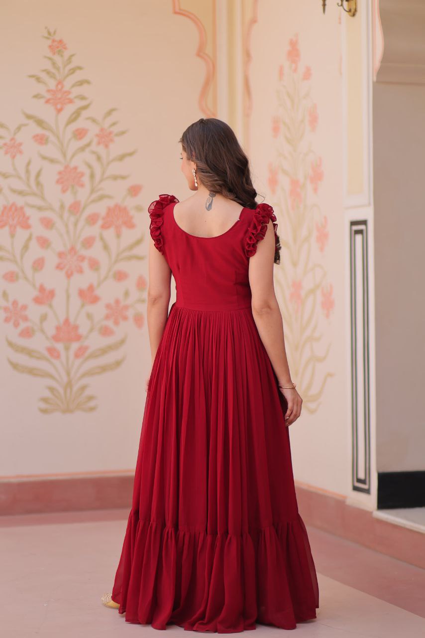 Premium Faux Blooming Sleeveless Gown with Sequins & Bead Embroidery | Frill Stitch
