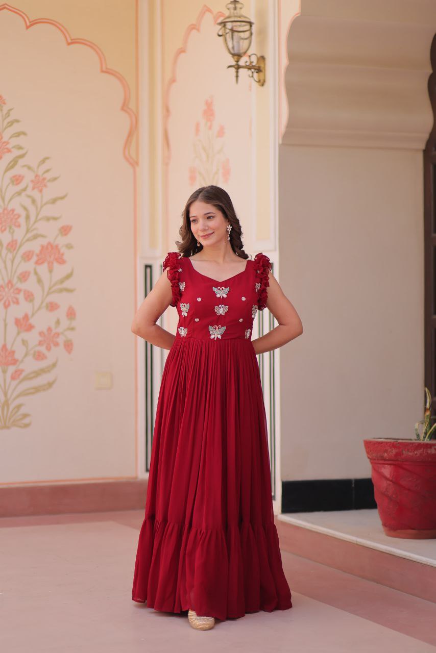 Premium Faux Blooming Sleeveless Gown with Sequins & Bead Embroidery | Frill Stitch