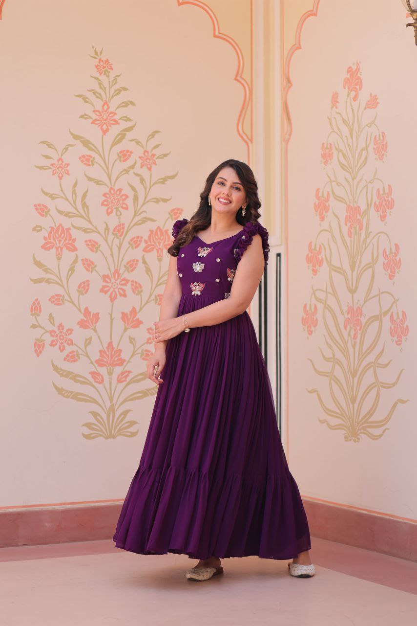 Premium Faux Blooming Sleeveless Gown with Sequins & Bead Embroidery | Frill Stitch