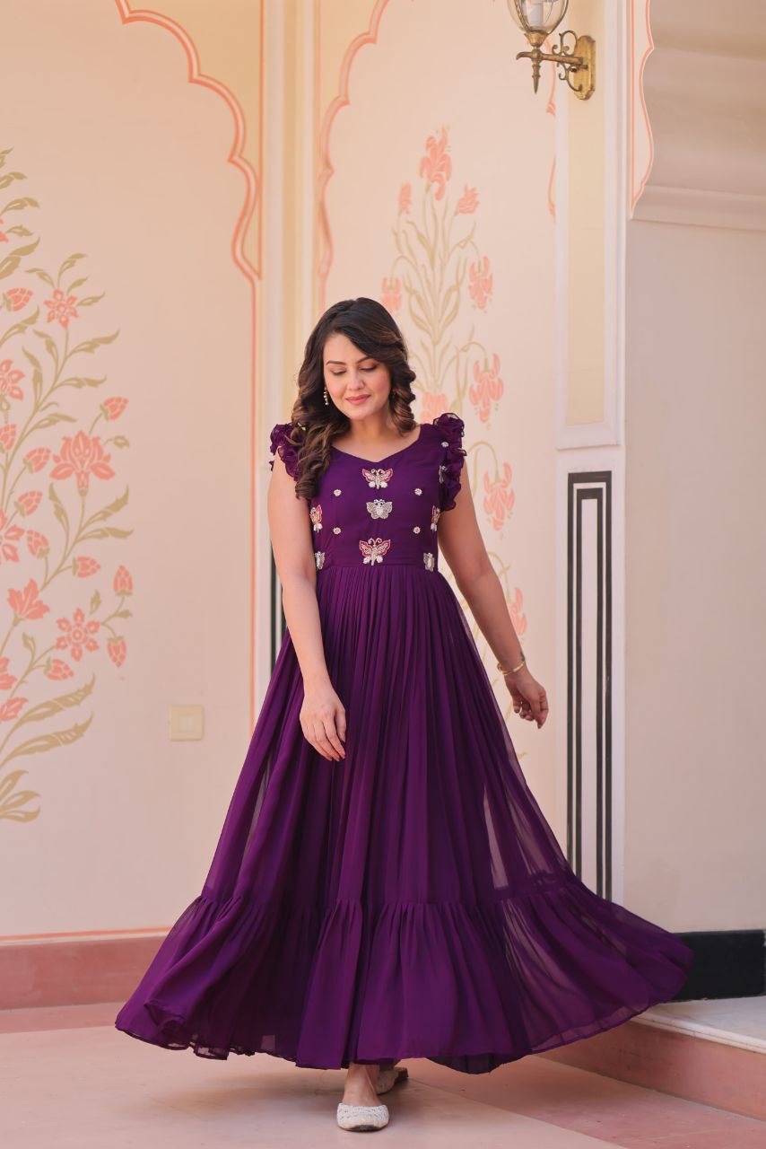 Premium Faux Blooming Sleeveless Gown with Sequins & Bead Embroidery | Frill Stitch