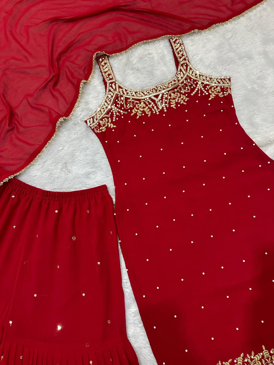 Luxurious Karwa Chauth Special Red Sharara Suit With Dupatta Set