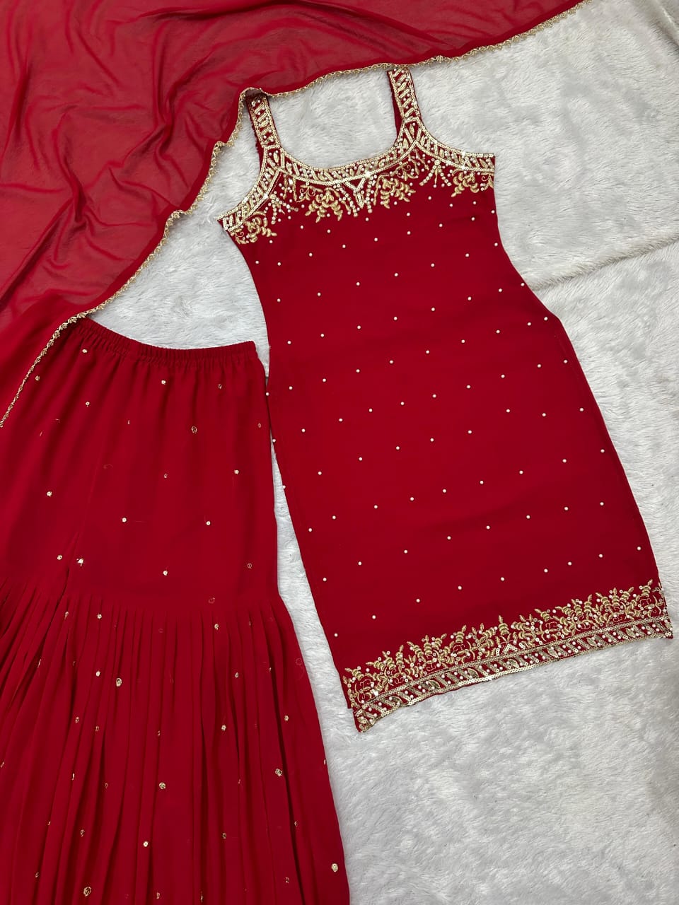 Luxurious Karwa Chauth Special Red Sharara Suit With Dupatta Set