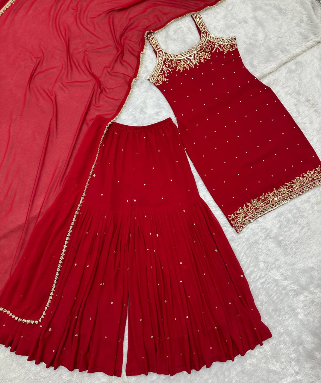 Luxurious Karwa Chauth Special Red Sharara Suit With Dupatta Set