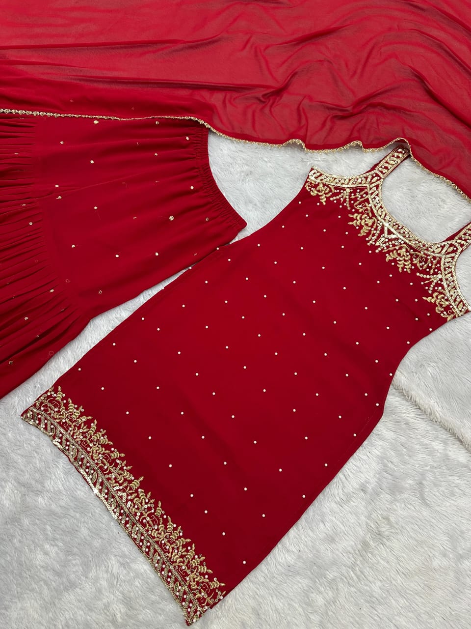 Luxurious Karwa Chauth Special Red Sharara Suit With Dupatta Set