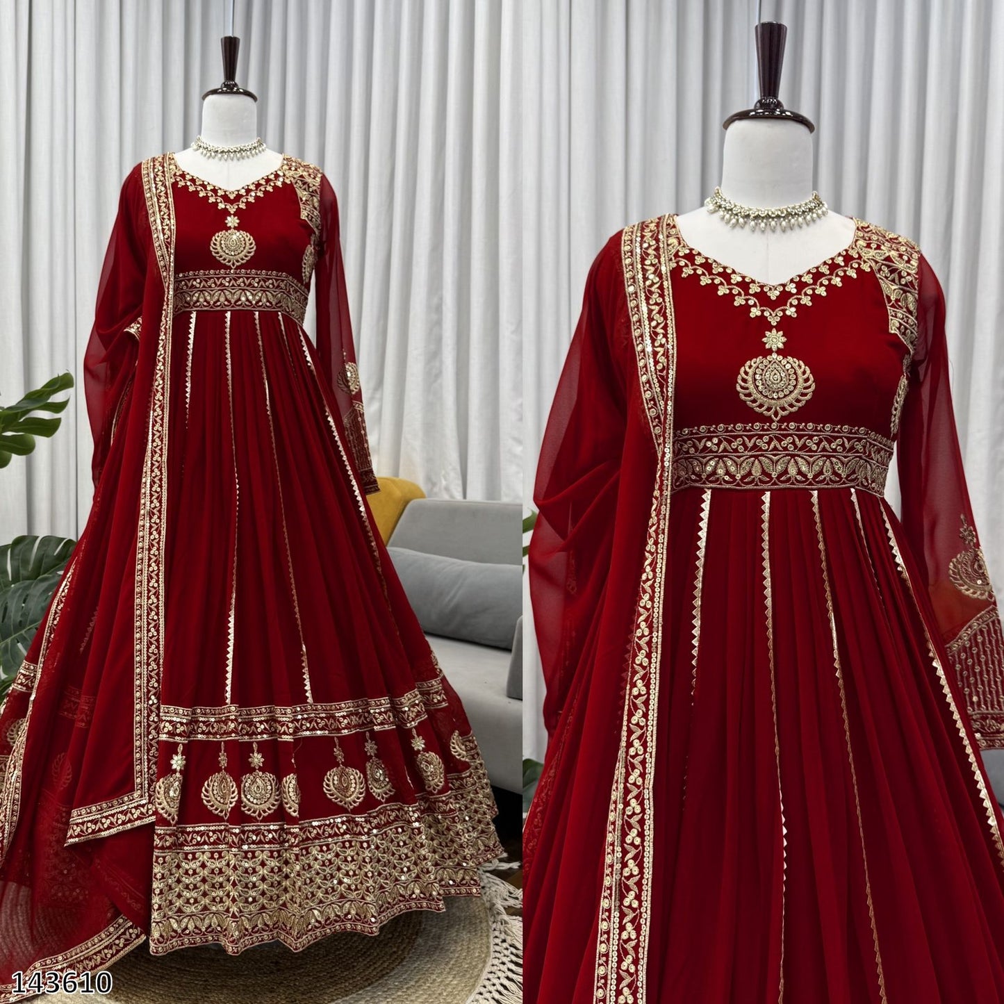Karwa Chauth Special Dress: 3-Piece Red Anarkali Suit Set with Pant & Dupatta