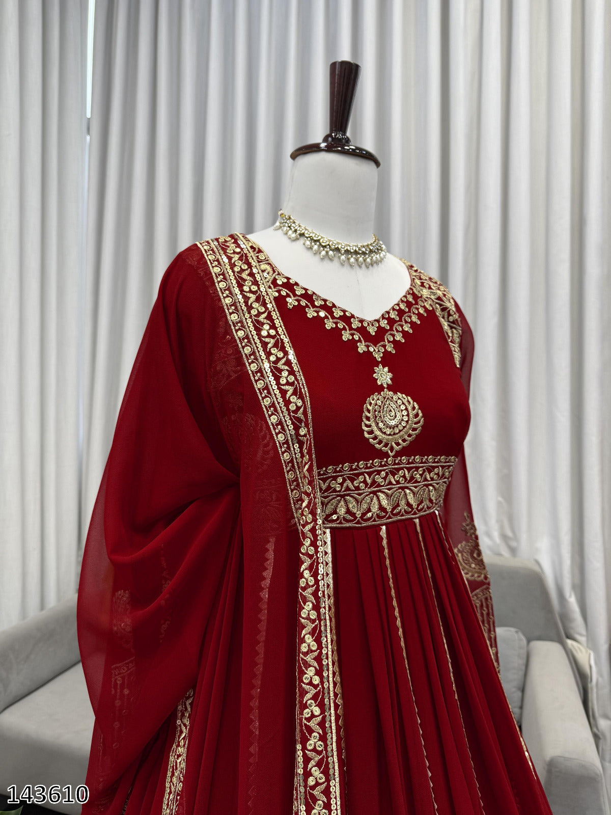 Karwa Chauth Special Dress: 3-Piece Red Anarkali Suit Set with Pant & Dupatta