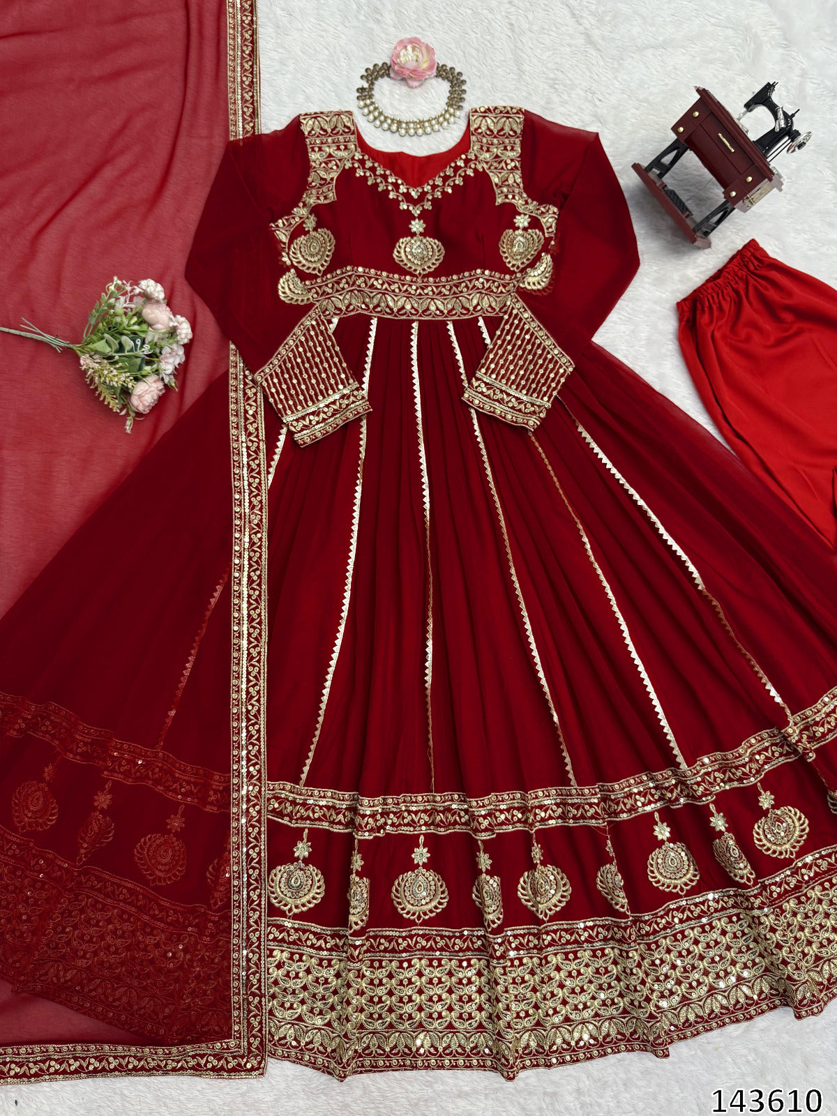 Karwa Chauth Special Dress: 3-Piece Red Anarkali Suit Set with Pant & Dupatta