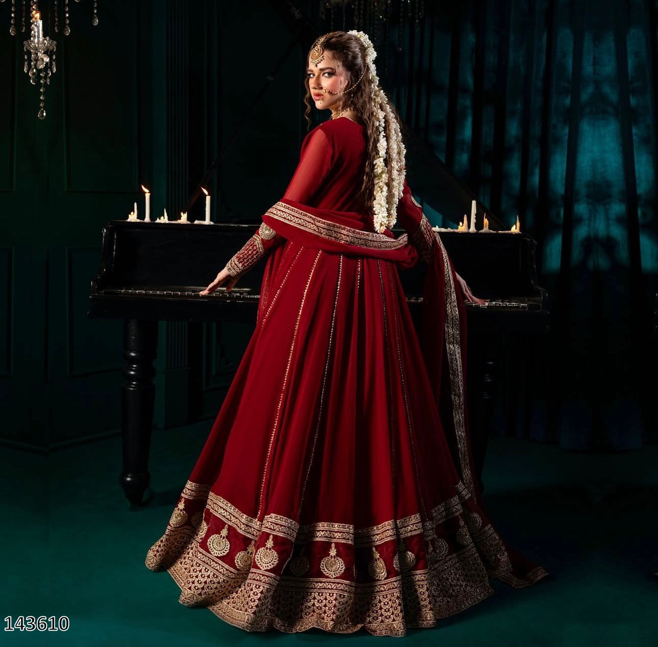 Karwa Chauth Special Dress: 3-Piece Red Anarkali Suit Set with Pant & Dupatta
