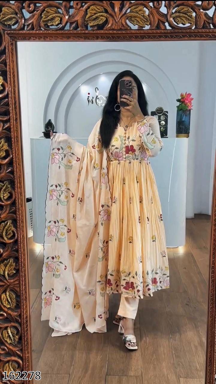 Premium Fox Georgette Embroidered Gown Pant Set with Dupatta