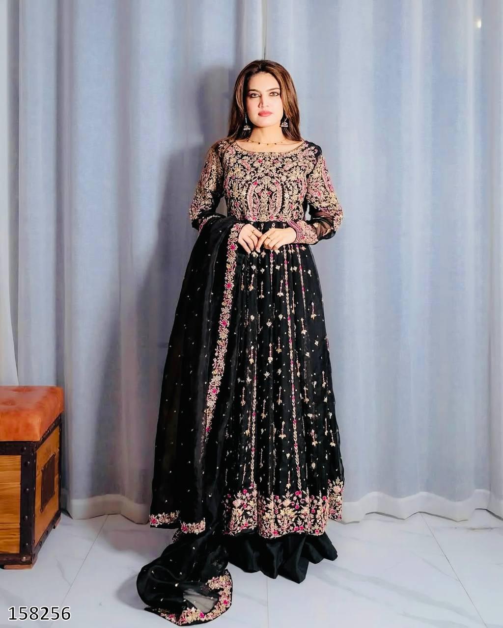 Premium Fox Georgette Embroidered Gown with Palazzo & Dupatta