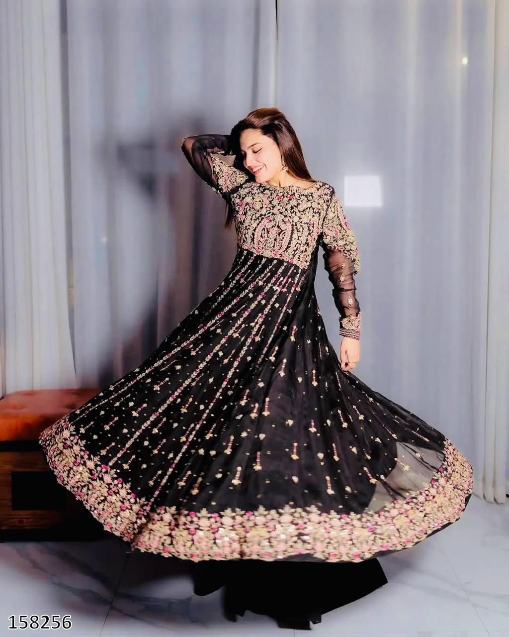 Premium Fox Georgette Embroidered Gown with Palazzo & Dupatta