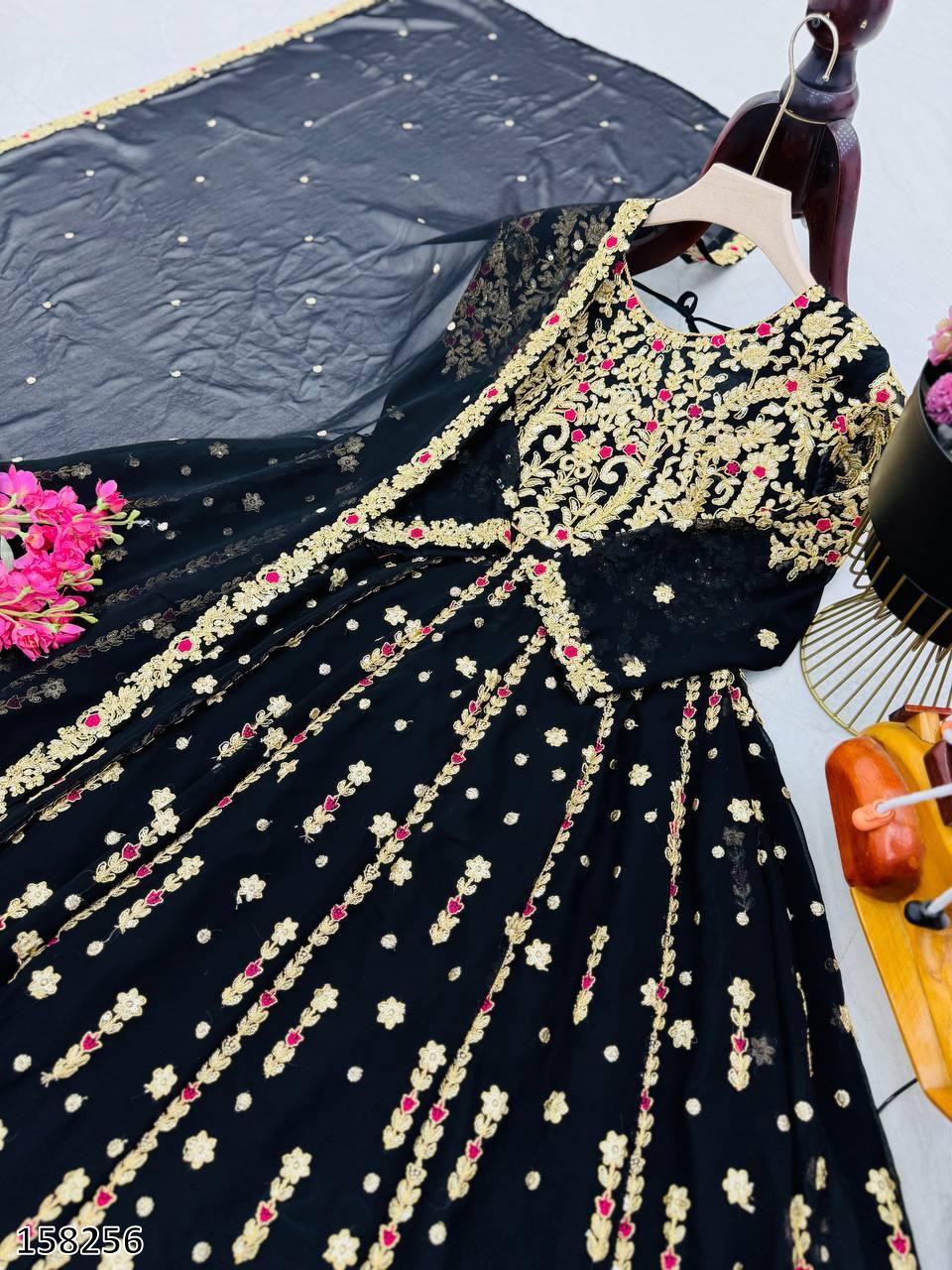 Premium Fox Georgette Embroidered Gown with Palazzo & Dupatta