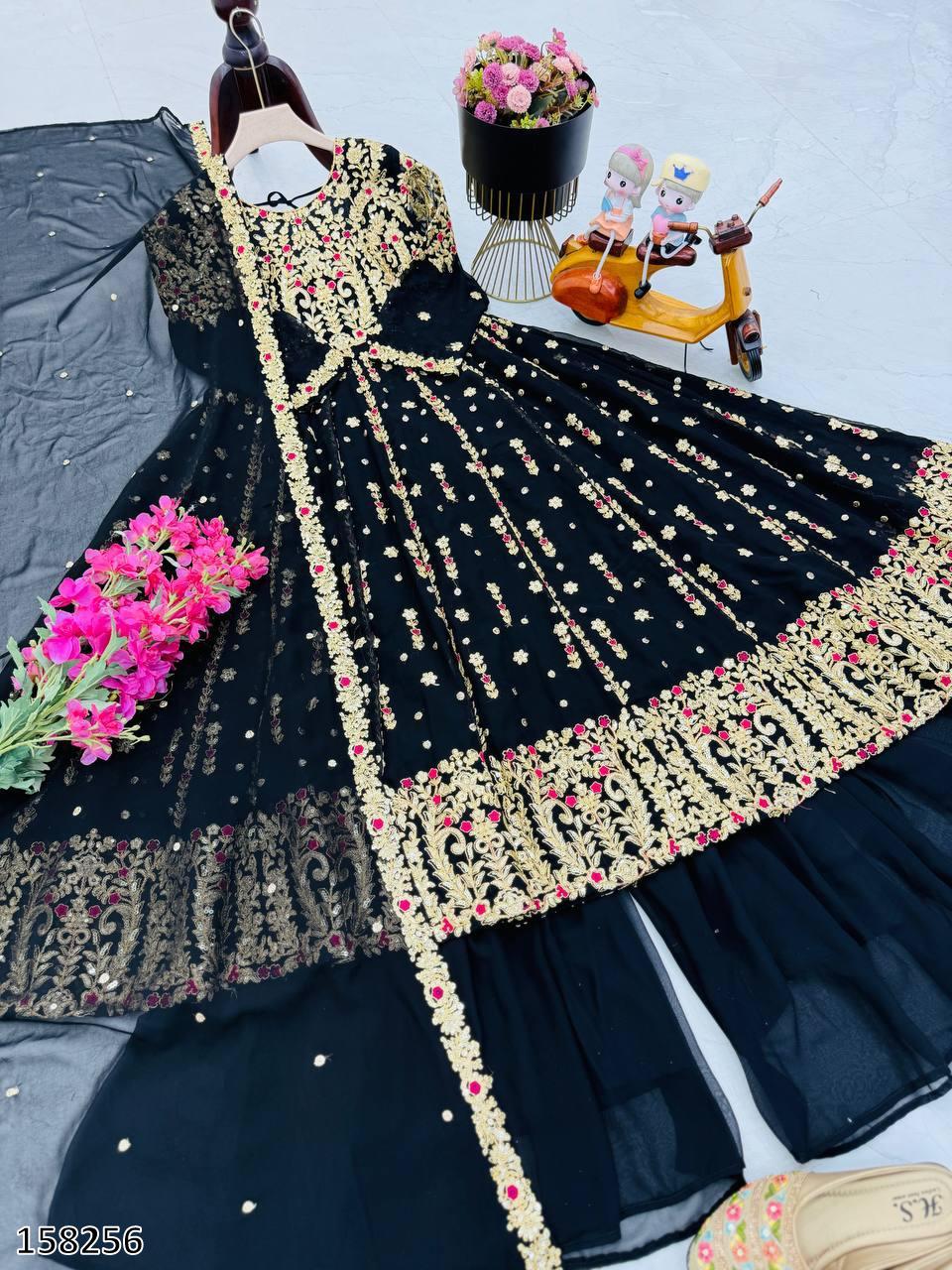 Premium Fox Georgette Embroidered Gown with Palazzo & Dupatta