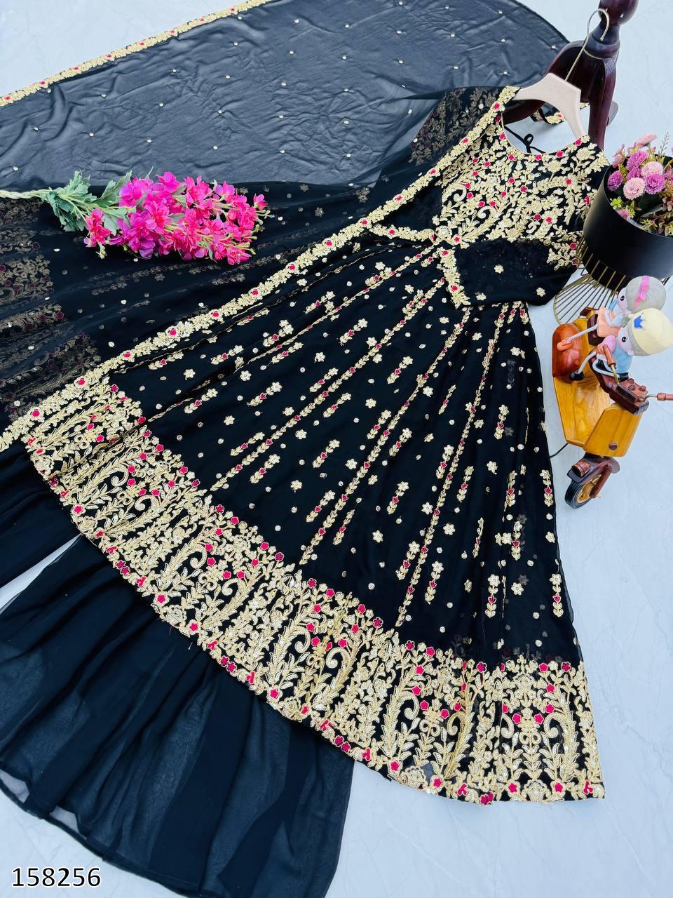 Premium Fox Georgette Embroidered Gown with Palazzo & Dupatta