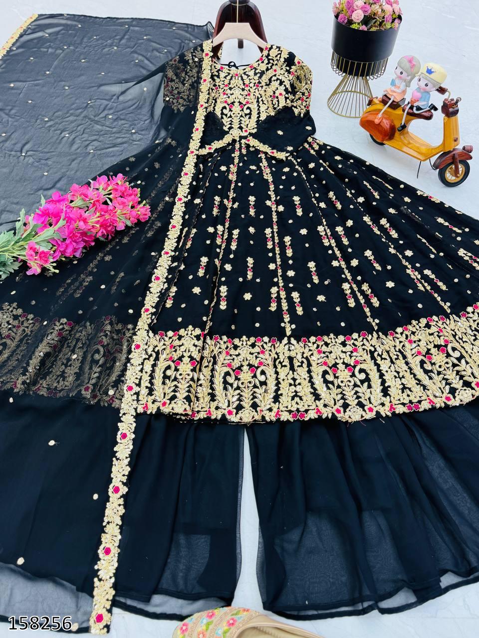 Premium Fox Georgette Embroidered Gown with Palazzo & Dupatta