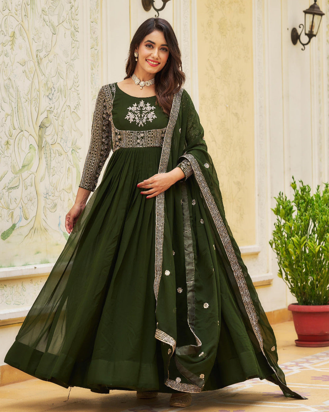 Premium Fox Georgette Long Gown with Embroidered Dupatta