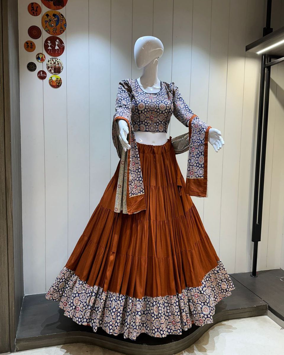 Premium Ghaghri Ajrakh Rayon Cotton Chaniya Choli Set Navratri, Mehendi, and Cultural Festivals