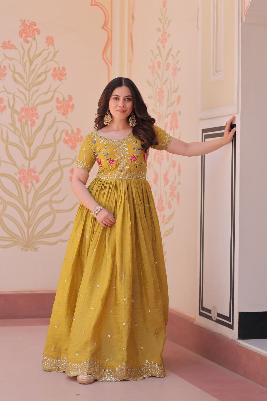 Premium Gold Crush Designer Gown with Multi-Thread Zari & Sequins Embroidery