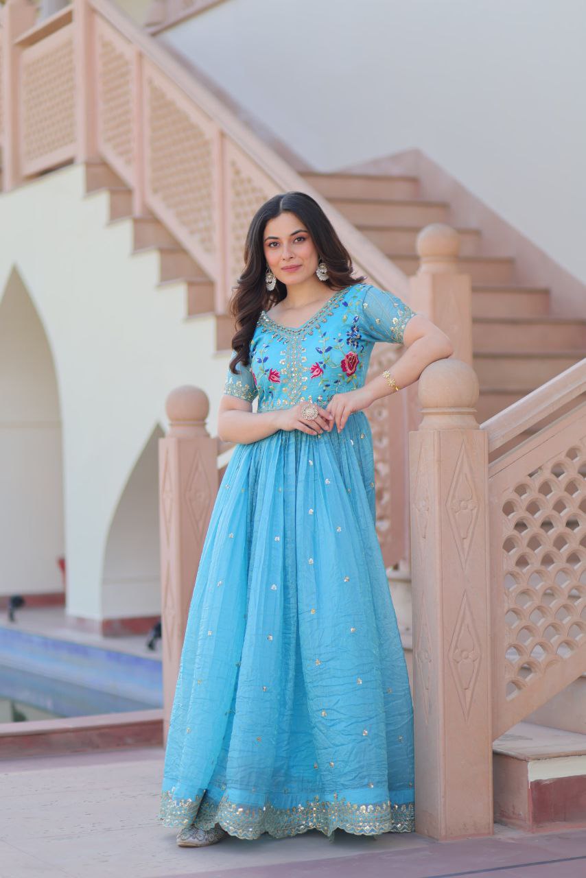 Premium Gold Crush Designer Gown with Multi-Thread Zari & Sequins Embroidery