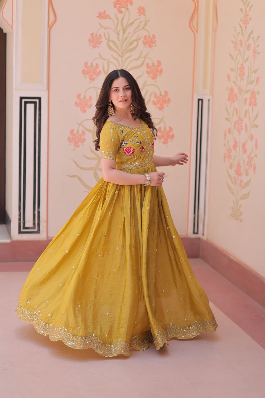 Premium Gold Crush Designer Gown with Multi-Thread Zari & Sequins Embroidery