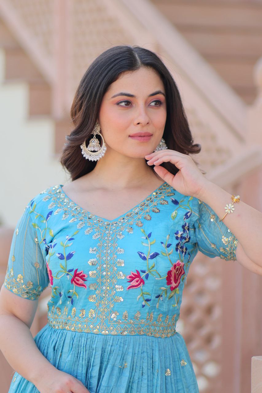 Premium Gold Crush Designer Gown with Multi-Thread Zari & Sequins Embroidery