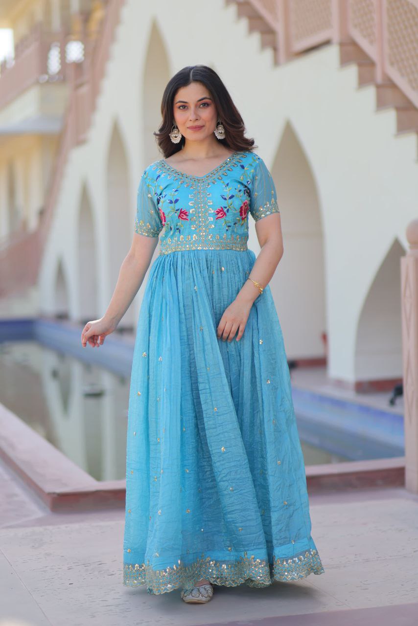 Premium Gold Crush Designer Gown with Multi-Thread Zari & Sequins Embroidery