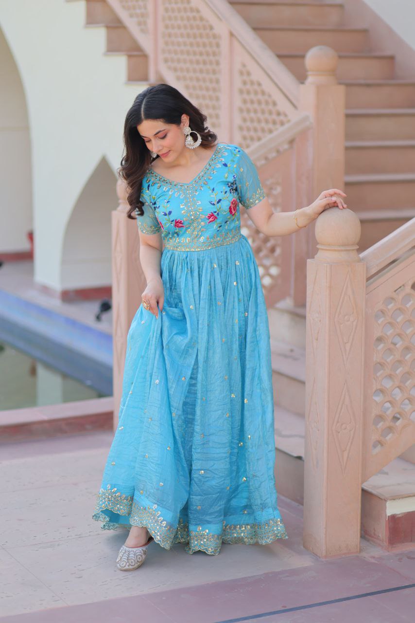 Premium Gold Crush Designer Gown with Multi-Thread Zari & Sequins Embroidery