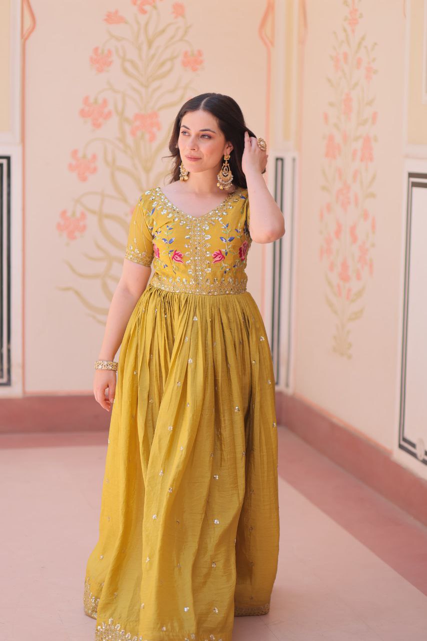 Premium Gold Crush Designer Gown with Multi-Thread Zari & Sequins Embroidery